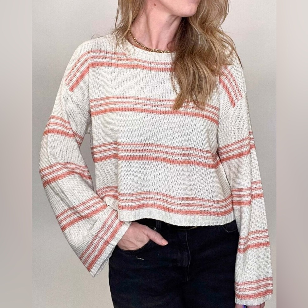 Bell Sleeve Striped Coral & Taupe Knit Sweater